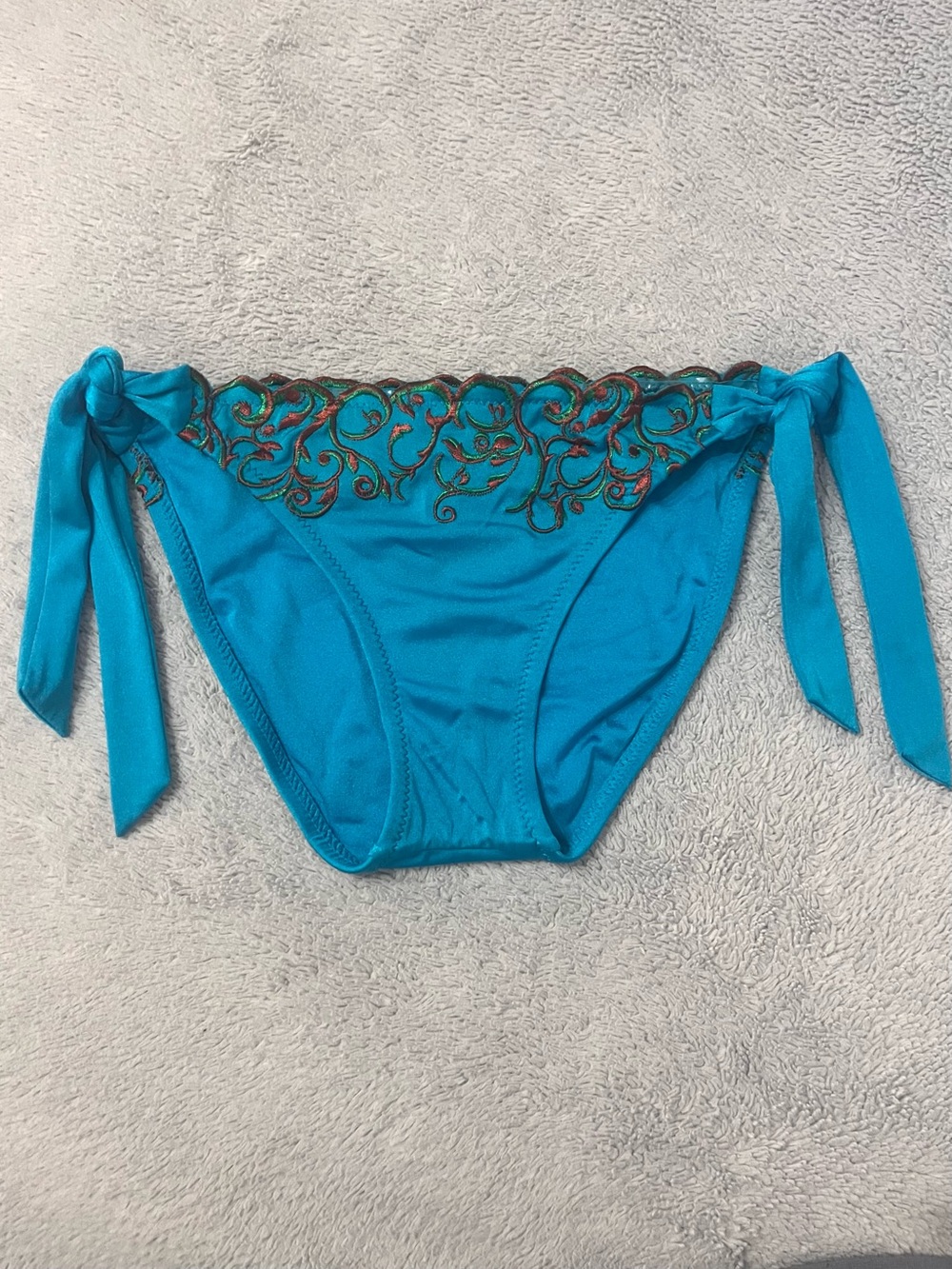 BECCA Embroidered Scalloped Teal Blue Bikini Bottom Swimsuit Size S
